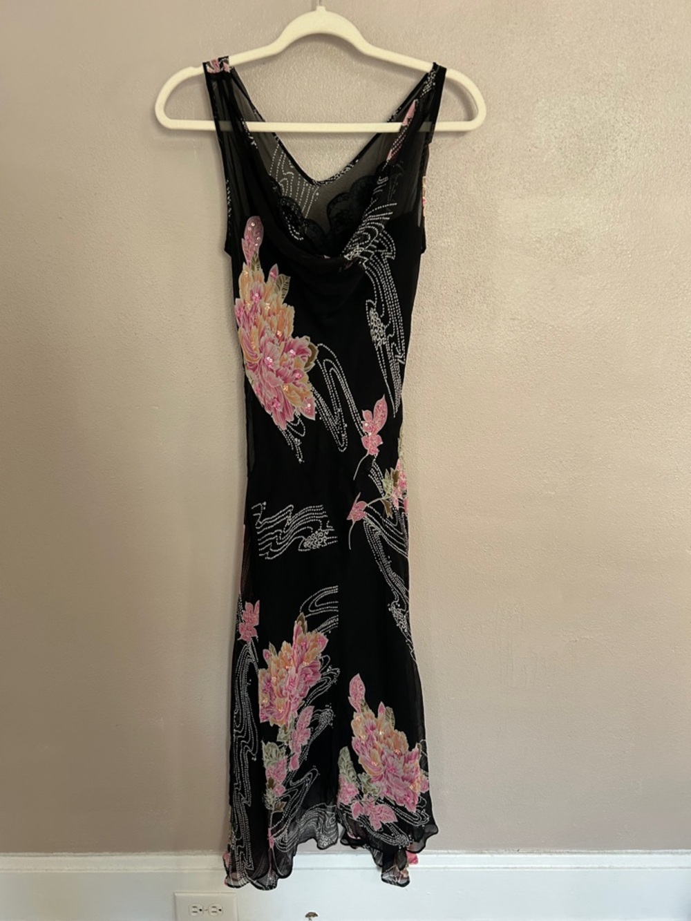 ECI y2k SILK Black Midi Dress with Pink Floral Embroidery